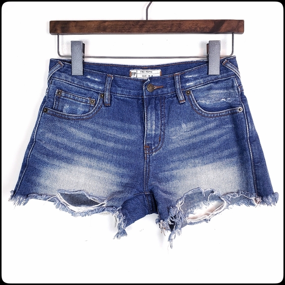 Free People Pants - FREE PEOPLE Distressed Whisked Medium Wash Raw Hem Cut Off Denim Shorts Size: 24